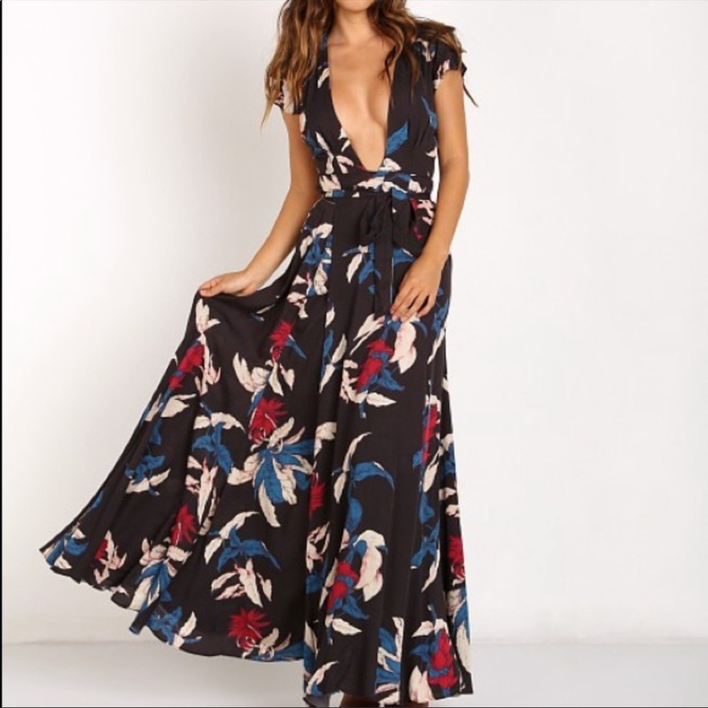 Tularosa Sid Wrap Dress Tropical Floral Black Sexy Maxi Slit Long Gown XS 2 RARE